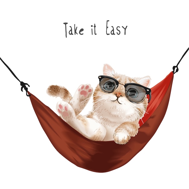 Vector take it easy slogan with cute cat in sunglasses relaxing in red hammock illustration