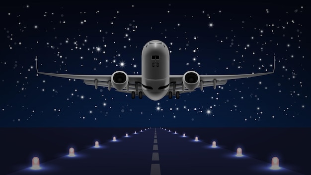 Vector take off airplane in the night sky end dark runway