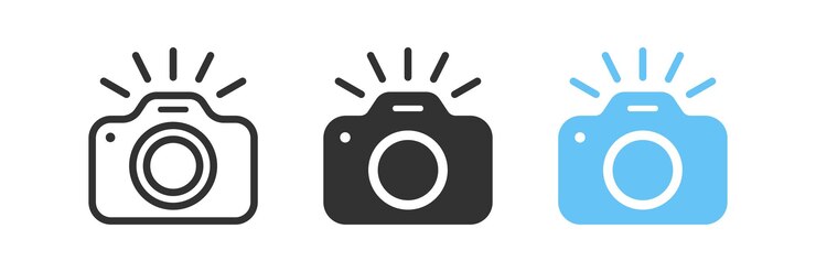 写真を撮るアイコン カメラの標識 写真フラッシュのシンボル 電話画像のシンボル 写真カメラのアイコン 黒青の色 ベクトル記号