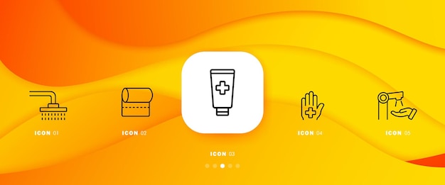 샤워 세트 아이콘 물 수건 크림 연고 의료 화장품 수도꼭지 손 세척 의료 개념 아이콘 및 5 단계 비즈니스를위한 벡터 라인 아이콘 인포 그래픽 타임 라인을 가져 가라.