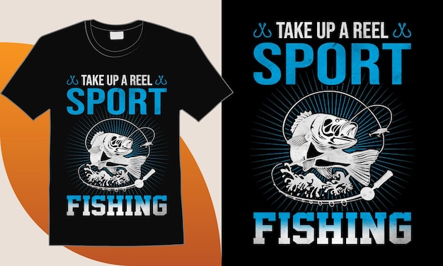 Вектор Рубашка для рыбалки с катушкой, новый дизайн футболки для рыбалки с иллюстрацией премиум виктор