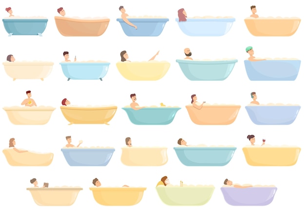 Take a warm bath icons set cartoon vector Foam girl