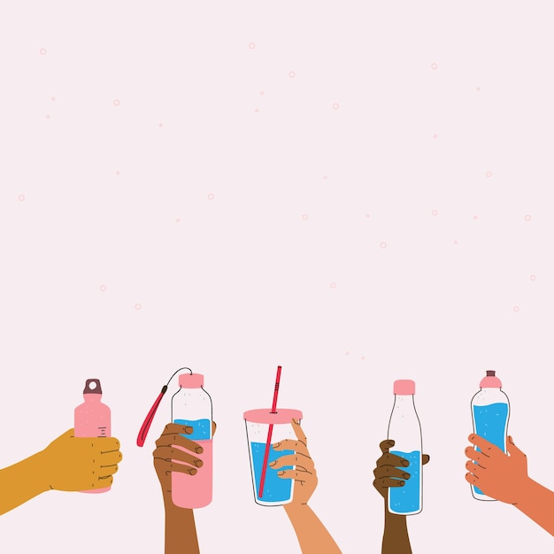 Take your drinks with you illustration of hands with water bottles with copy space for your design