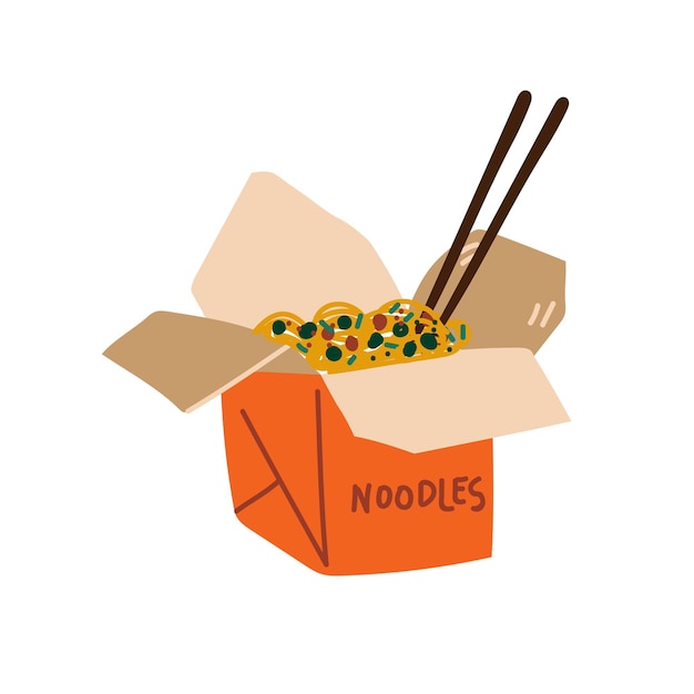 ベクトル 野菜とチョップスティックが入ったヌードルのテイクアウェイ紙箱 白い背景の伝統的な中国または日本の食品ベクトルイラスト