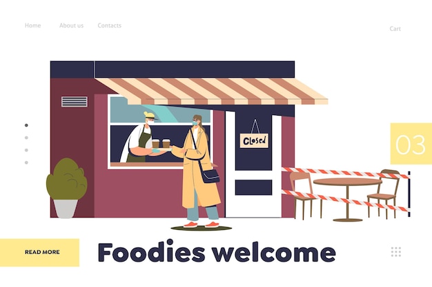 テイクアウトコーヒーショップに行くためにマスクオーダーコーヒーの女性とのランディングページのcovid-19検疫コンセプト中のテイクアウトコーヒー。漫画フラットベクトルイラスト