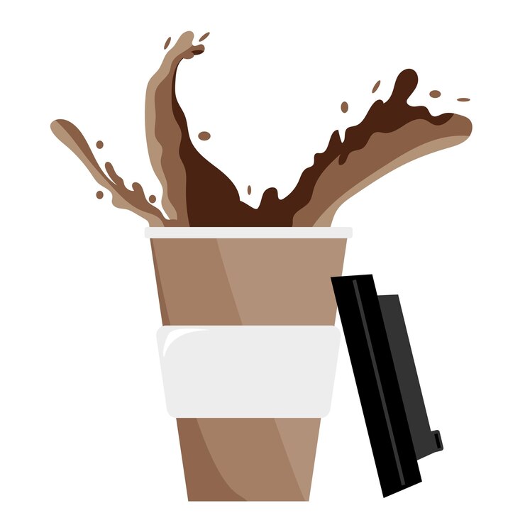 Vector takeaway coffee cup with splashes from it and black lid