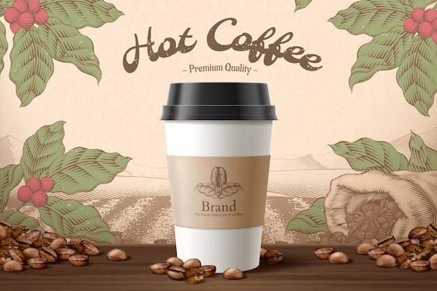 Takeaway cup packaging with label in 3D illustration with coffee beans elements over wooden table