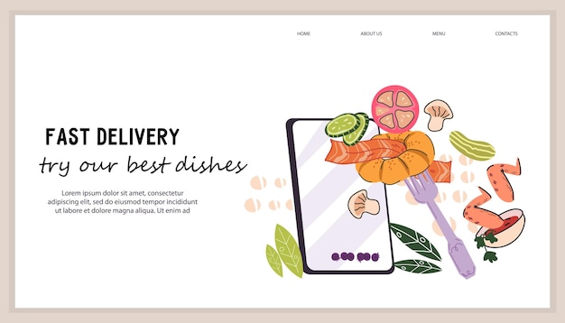 Vector takeaway delivery and food delivery services website banner template vector illustration isolated on white background convenient online ready meal and food delivery and takeaway