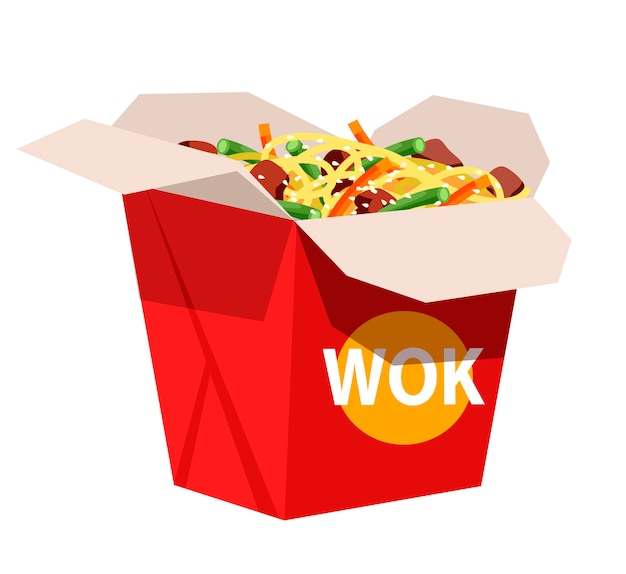 Vector takeaway meal of japanese restaurant, asian traditional kitchen, fast food cafe sushi bar, opened wok box with noodles, vegetables, pieces meat