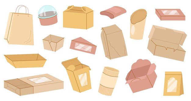 Vector takeaway meal pack cartoon cardboard box fries potato and roll paper boxes sauce sushi fast food takeout packing drink coffee mug and decent disposables vector set