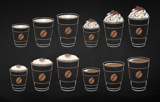 Vector takeaway paper coffee cups in three sizes with milk foam and whipped cream