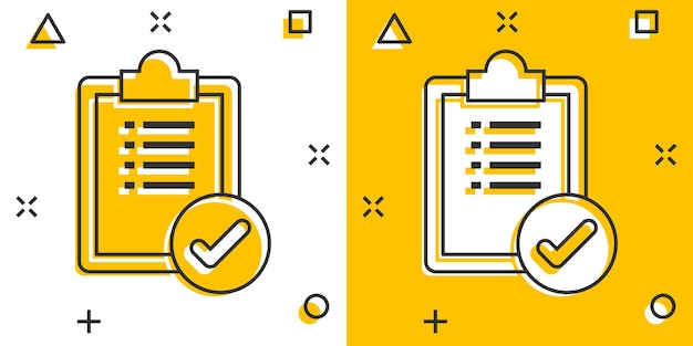 Takenlijstpictogram in komische stijl document checklist cartoon vectorillustratie op witte geïsoleerde achtergrond kladblok vinkje splash effect bedrijfsconcept