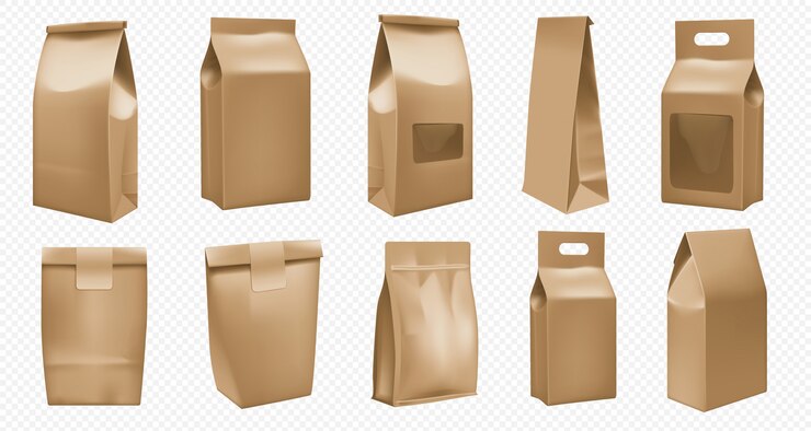 Vector takeout food craft package template. brown bag for pack design. realistic takeaway fast food pouch mock up set isolated. blank paper box for coffee and tea. handle cardboard container