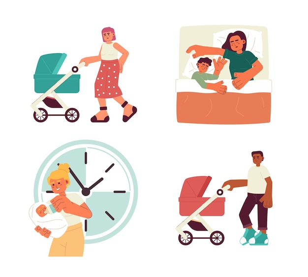 Taking care of baby flat concept vector spot illustrations set Baby feeding Walking 2D cartoon characters on white for web UI design Parenthood isolated editable creative hero images collection