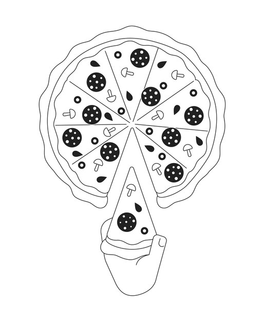 Taking slice of pizza monochromatic flat vector first view hand