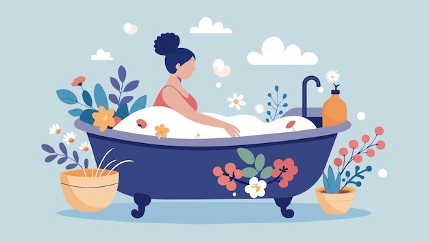 Vector taking time for selfcare with a bubble bath in a vintage clawfoot tub adorned with flowers and using