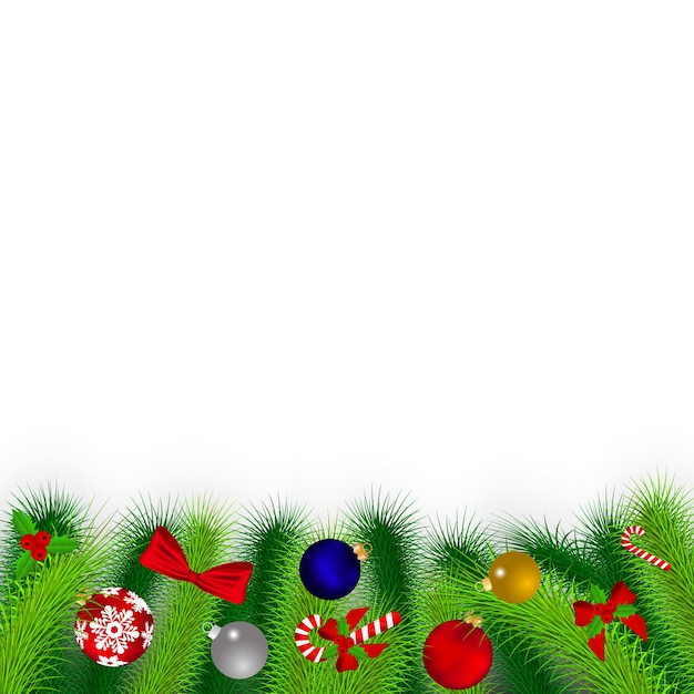 Takken van de kerstboom versierd met ballonnen, linten, snoepspeelgoed en hulst-kerstkaart
