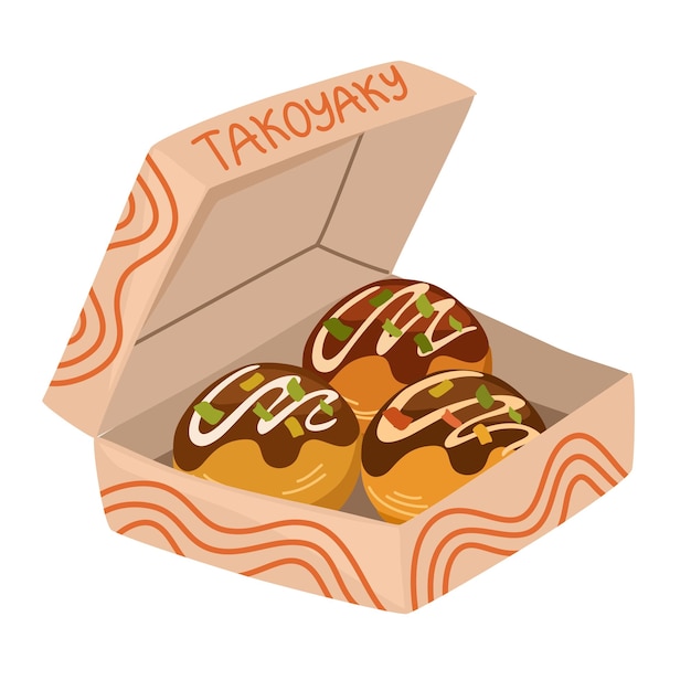 Takoyaki Asian Food Идеально подходит для ресторана, кафе и печатных меню. Векторная ручная иллюстрация к мультфильму