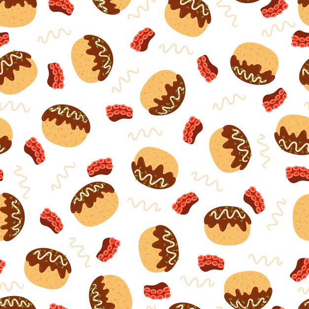 Takoyaki balls or Octopus balls asian food vector seamless pattern