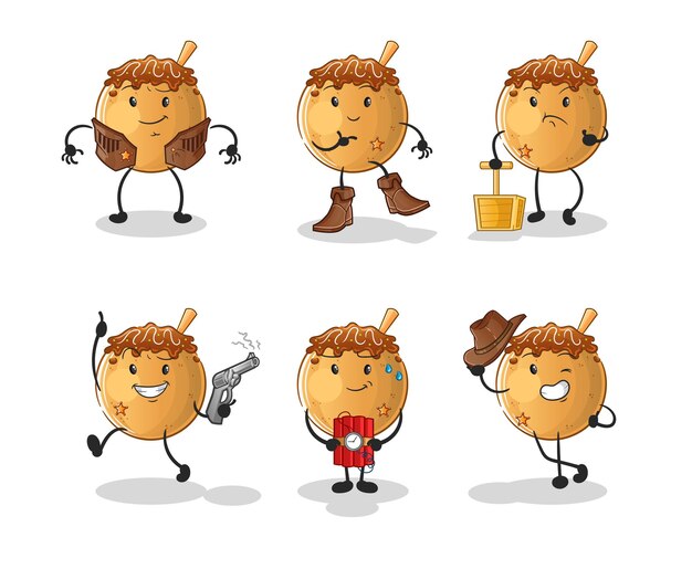 Takoyaki cowboygroep karakter. cartoon mascotte vector