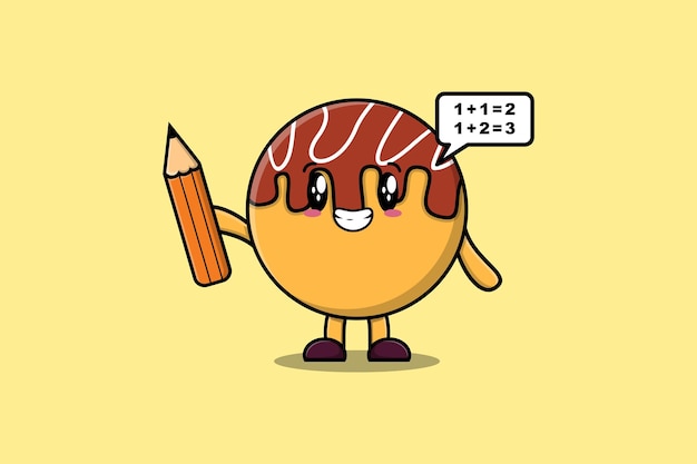 Takoyaki cute cartoon clever student with pencil style design in flat modern style design