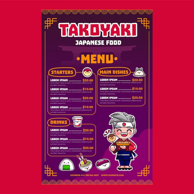 Modello di menu di cibo giapponese takoyaki