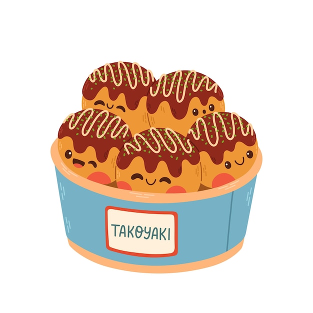 Takoyaki vector asian food. Cute takoyaki on white background. Free space for text. Vector cartoon