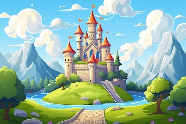 Вектор Сказка величественная королевская сказка фантазия путь луг королевство пейзаж сцена башня сказка холм