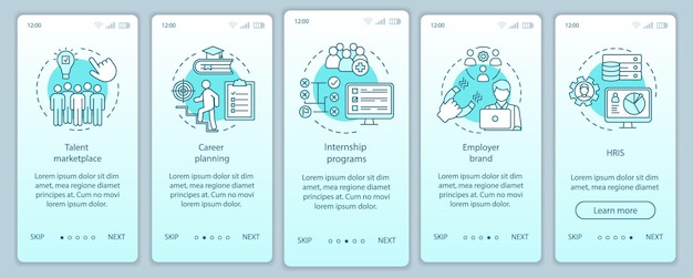 Talent management onboarding mobile app page screen vector template. Marketplace. HRIS, internship program. Walkthrough website steps, linear illustrations. UX, UI, GUI smartphone interface concept