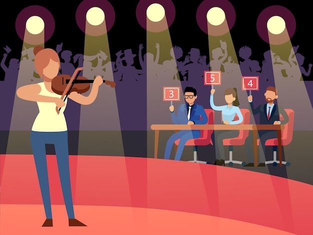 Vector talent show creative competition cartoon woman playing violin jury evaluates performance of artist and give marks spotlights illuminate stage television musical program vector musician contest