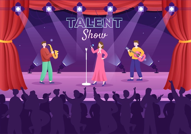 Talent show illustrazione con il concorrente che mostra la propria abilità sul palco davanti ai giudici a giudicare