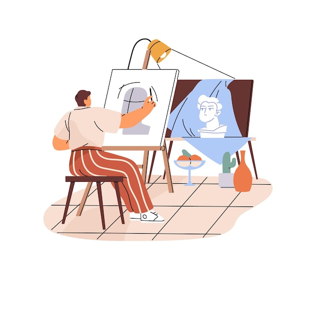 talented artist drawing head sculpture on easel back view creative painter painting artwork indoor creation of picture still life in art class flat isolated vector illustration on white background