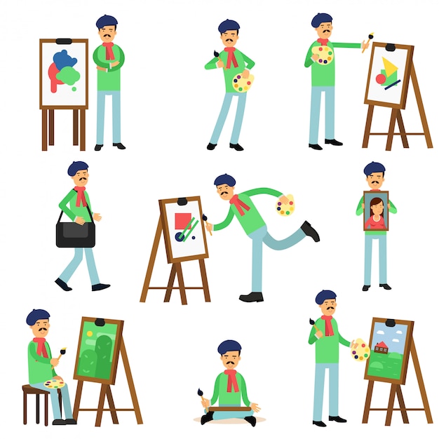 Talented artist painter colorful character set