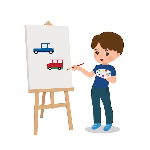 Ragazzino di talento che disegna automobili su tela usando il pennello. attività di classe di pittura. personaggio dei cartoni animati. vettore piatto isolato.
