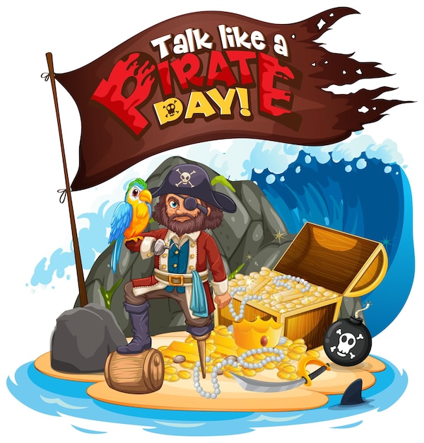 Vector talk like a pirate day font with captain hook on the island