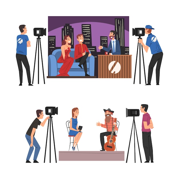 Talk show TV host interviewing celebrity person in studio cartoon vector illustration