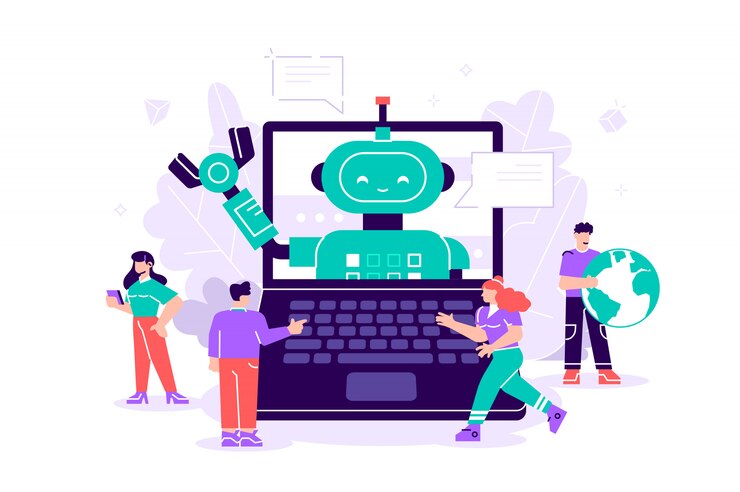 Vector talking to a chatbot online on laptop computer