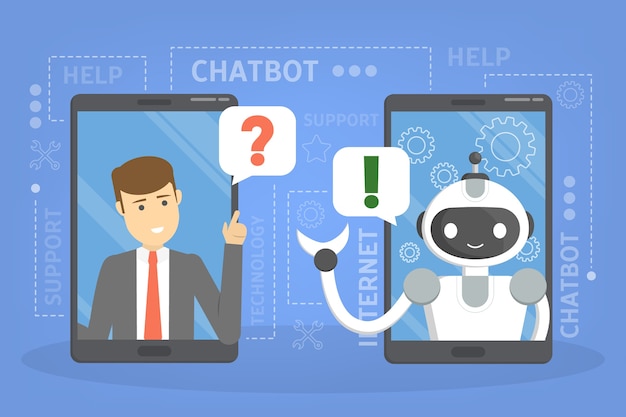 Parlare con un chatbot online sul cellulare. comunicazione con un chat bot. servizio clienti e supporto. concetto di intelligenza artificiale. illustrazione