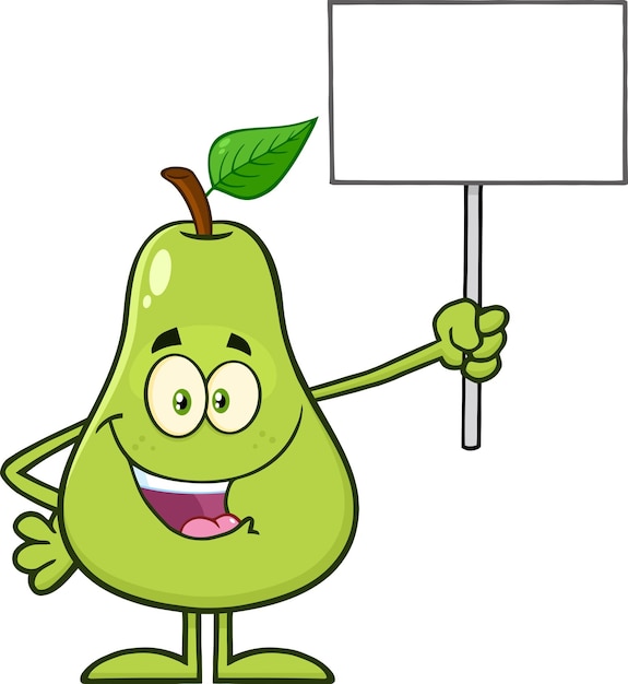 Talking Green Pear Fruit With Leaf Cartoon Mascot Character Holding A Blank Sign