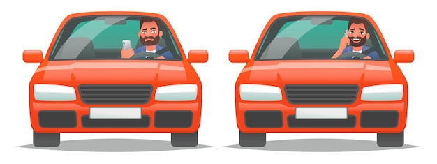 Vector talking on the phone while driving a vehicle. a man in a car uses a smartphone. the concept of dangerous driving and the risk of an accident. vector illustration in cartoon style