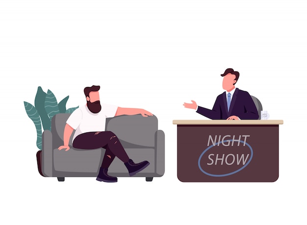 Talkshow host en gast platte kleur vector gezichtsloze karakters. Chat show, live interview geïsoleerde cartoon illustratie voor web grafisch ontwerp en animatie.