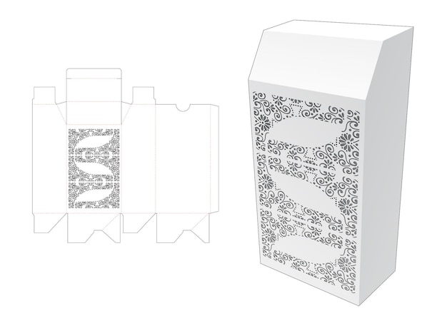 Tall chamfered box with stenciled pattern die cut template and 3d mockup