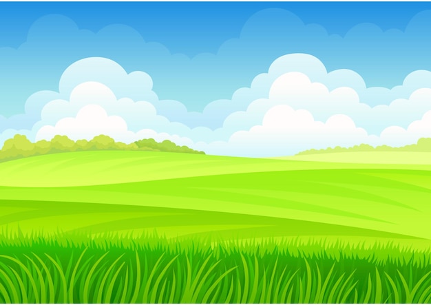 Tall grass against a green hilly meadow and blue sky with white clouds vector illustration on white background