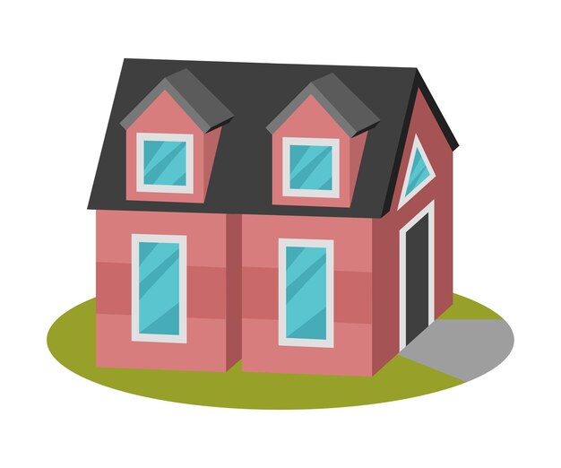 Vector tall pink house with an attic under a black roof vector illustration