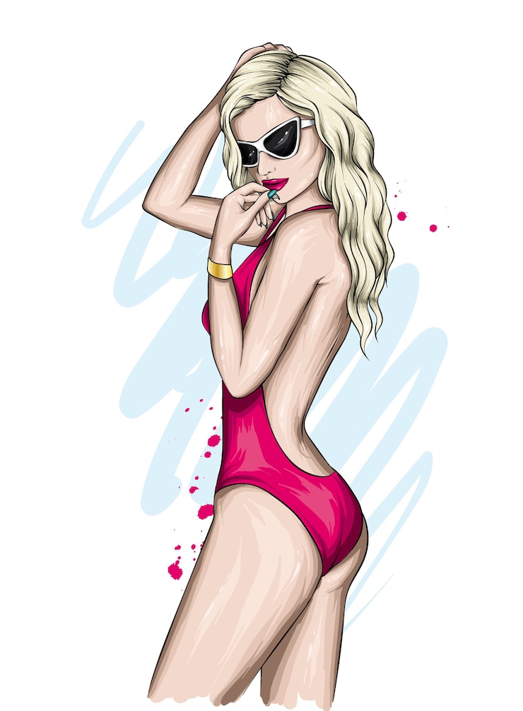 Vector a tall, slender girl in a stylish swimsuit.