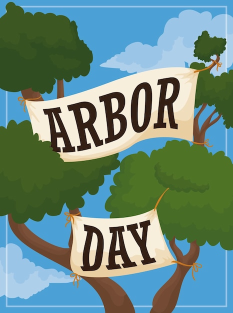 Tall tree ribbons attached in branches for Arbor Day celebration