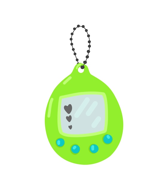 Tamagotchi toy illustration Vintage digital pocket pet game icon Japanese classic green Tamagotchi with screen display chain and buttons