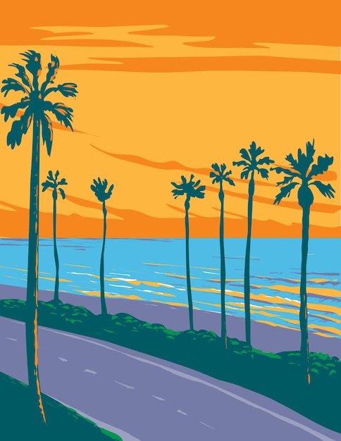 Vector tamarack surf beach in carlsbad state beach california wpa poster art