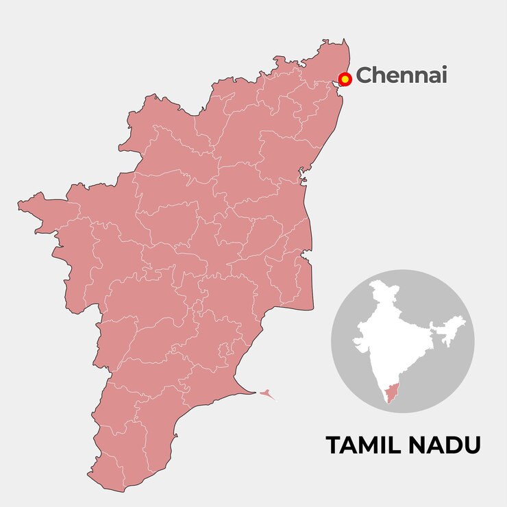 वेक्टर tamil nadu locator map showing district and its capital