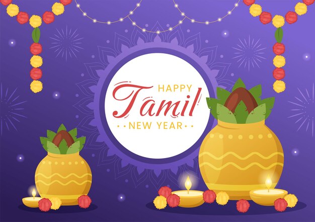 Tamil New Year Illustration with Vishu Flowers and Indian Hindu Festival in Hand Drawn Templates